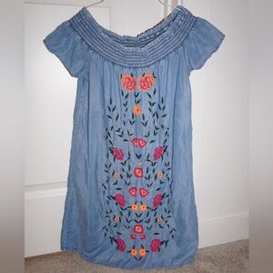 Boutique Chambray Off the Shoulder Dress with Embroidered Floral Detail